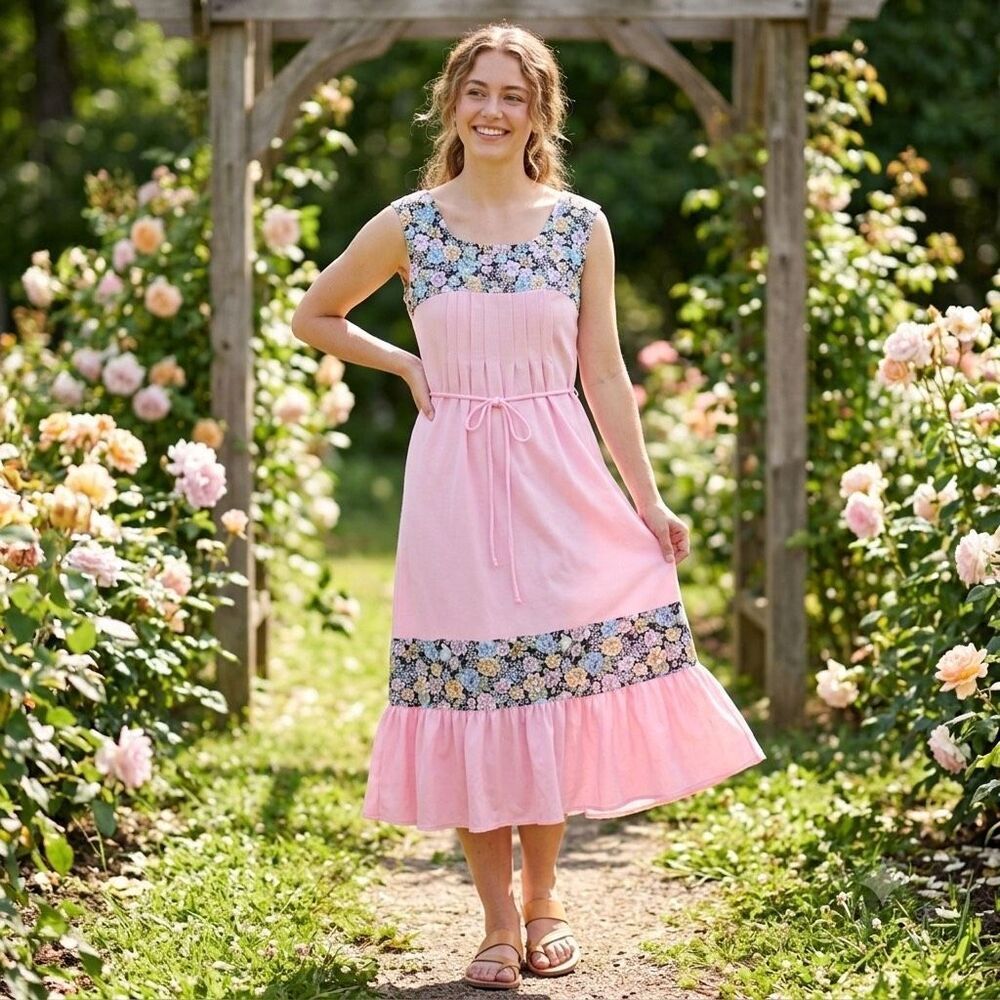 Vintage dress floral pink pleated top size 14 runs sm.
